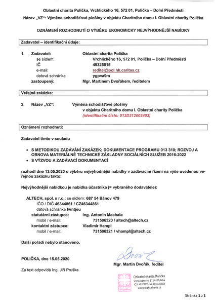 oznámení o rozhodnutí o výběru ekonomicky nejvýhodnější nabídky - Altech